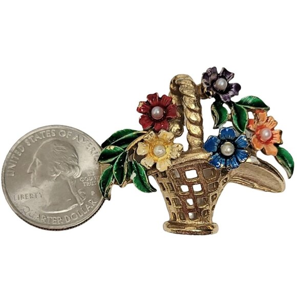St. Labre Gold Tone Multicolor Enamel Clear Rhinestone Basket of Flowers Brooch - Picture 2 of 9